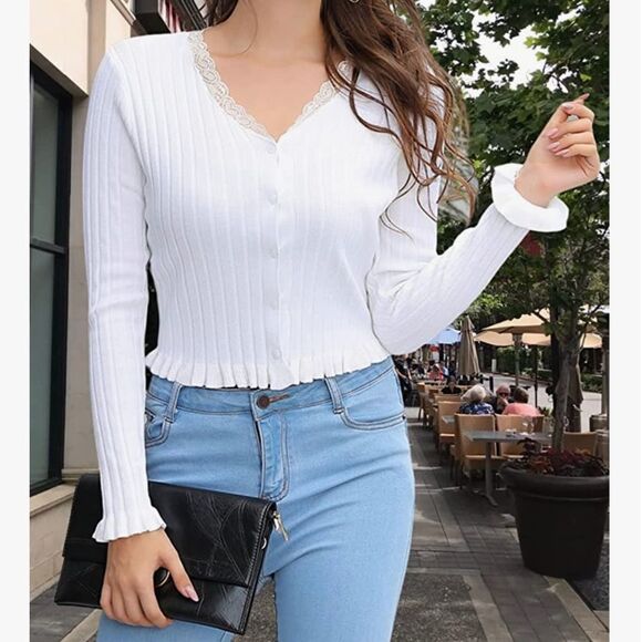 ⭐️nwt Kate Kasin Long Sleeve Button Down V Neck Lace Trim Knit Cardigan⭐️ - Picture 3 of 11